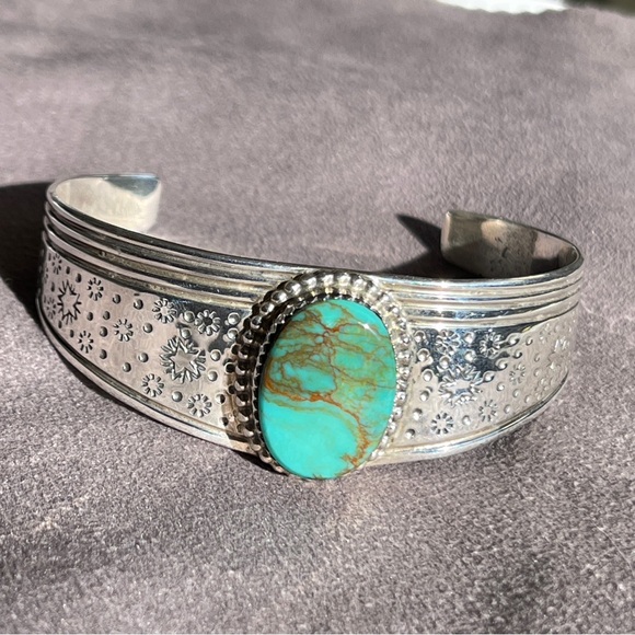 Garrison Boyd Signed Navajo Sterling Silver Turquoise Cuff Bracelet Stars - Picture 3 of 9